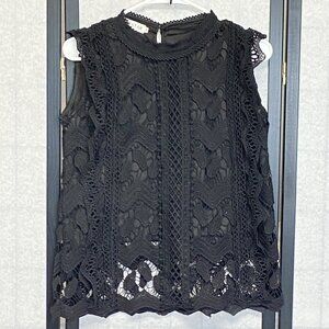 Yaostar All Over Crochet Lace Sleeveless Ruffled Lined Tank Top Tunic Black M
